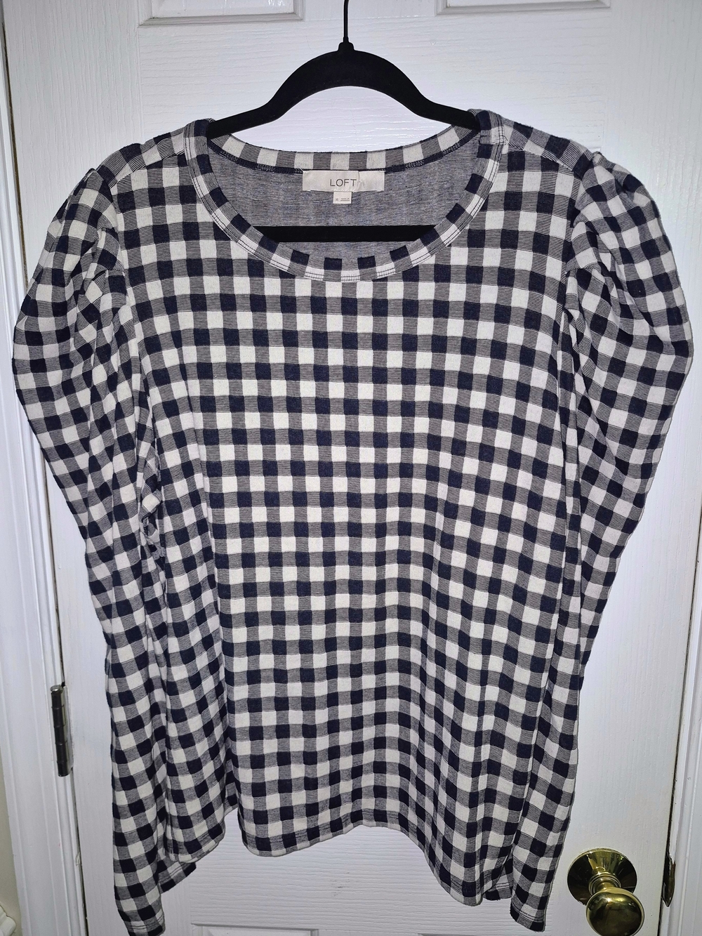 LOFT Navy and White Gingham Puff-Sleeve Top XL